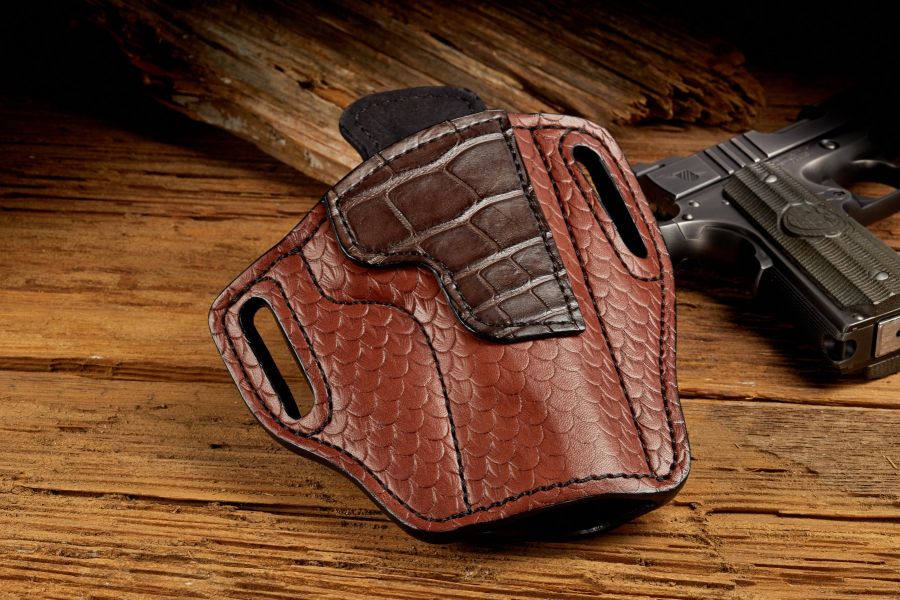 Holster, Tooled Leather w / Alligator Trim, Lined, Government
