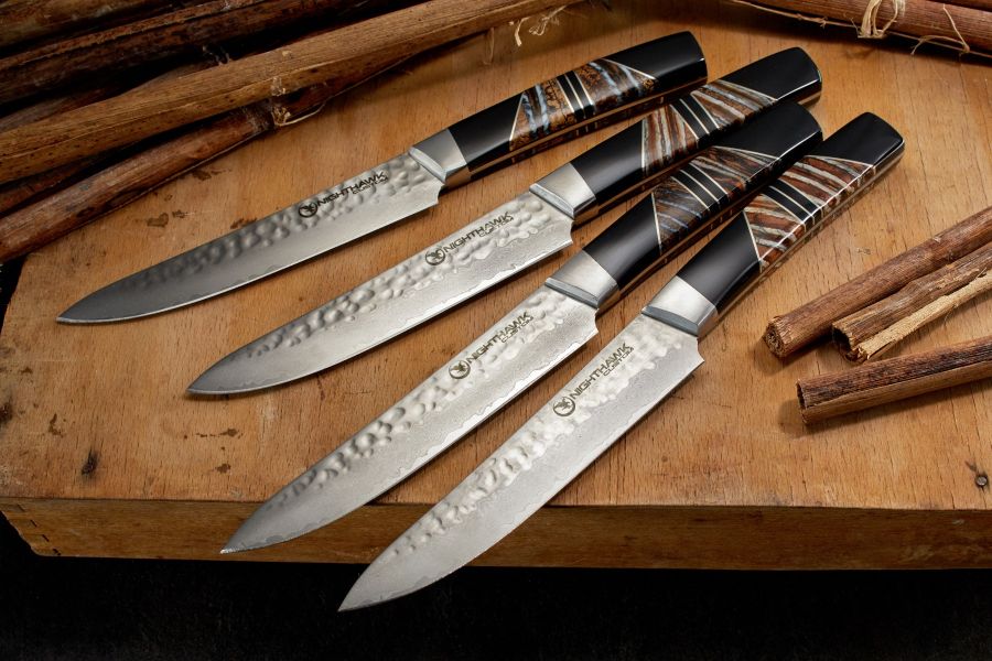 Hammered Damascus Mammoth Tooth Steak Knife Set