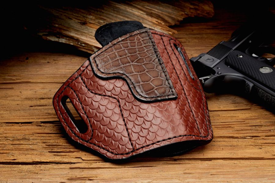 Holster, Tooled Leather w / Alligator Trim, Lined, Commander
